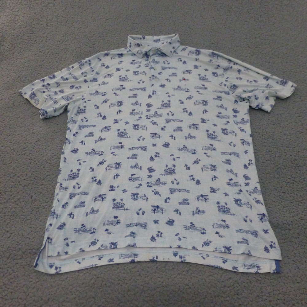 Johnnie-O Polo Shirt Featherweight Men M Blue Tiki Bar Tropical Golf UPF 50